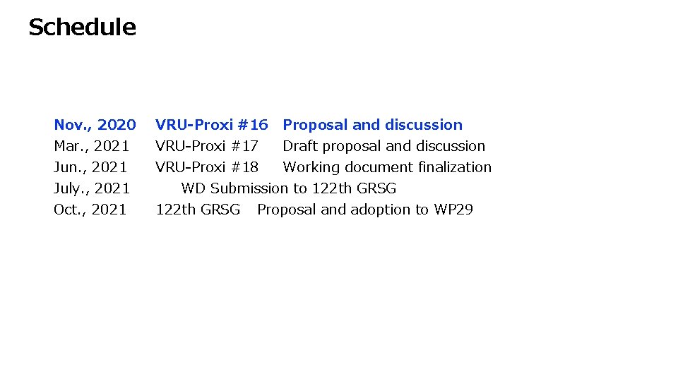 Schedule Nov. , 2020 VRU-Proxi #16 Proposal and discussion Mar. , 2021 Jun. ,