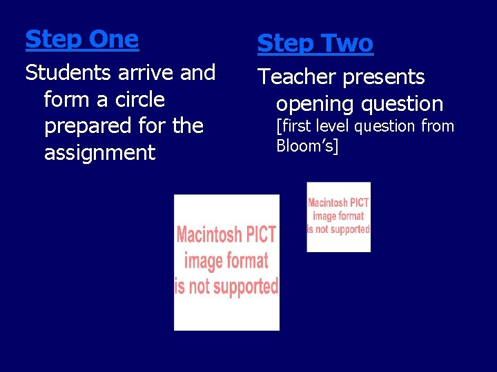 Step One Students arrive and form a circle prepared for the assignment Step Two