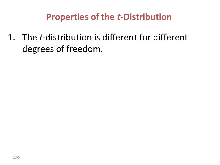 Properties of the t-Distribution 1. The t-distribution is different for different degrees of freedom. Properties of the t-Distribution 1. The t-distribution is different for different degrees of freedom.