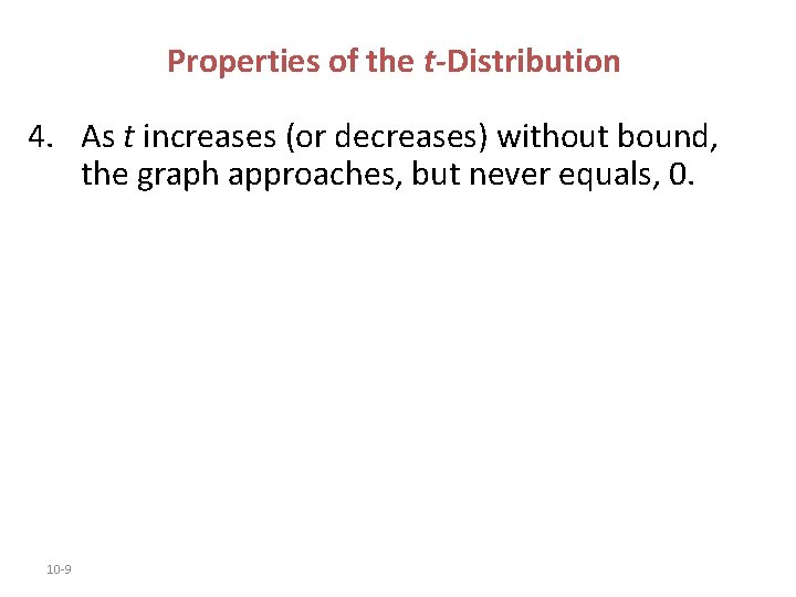 Properties of the t-Distribution 4. As t increases (or decreases) without bound, the graph Properties of the t-Distribution 4. As t increases (or decreases) without bound, the graph