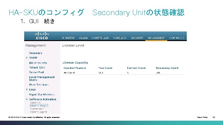 HA-SKUのコンフィグ Secondary Unitの状態確認 1．GUI 続き © 2013 -2014 Cisco and/or its affiliates. All rights