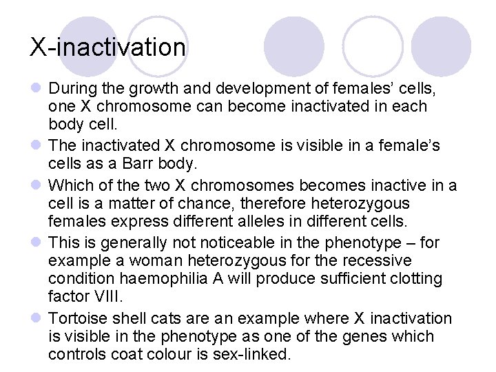 X-inactivation l During the growth and development of females’ cells, one X chromosome can