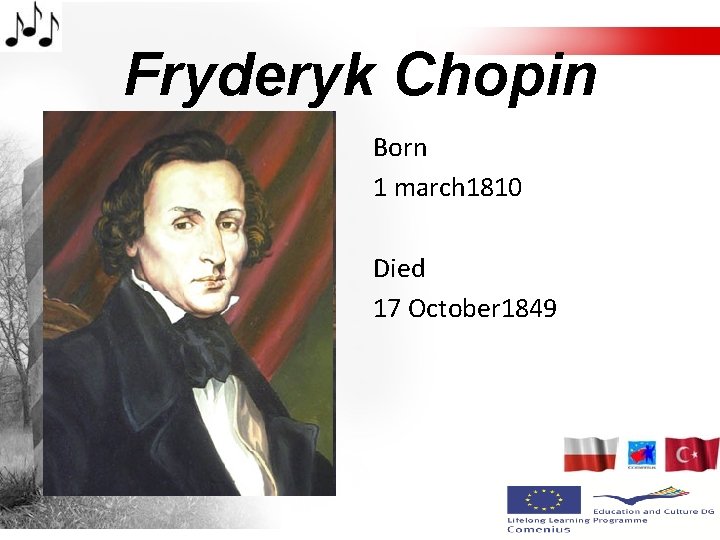 Fryderyk Chopin Born 1 march 1810 Died 17 October 1849 
