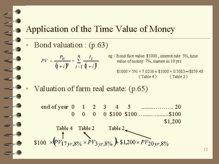 Application of the Time Value of Money • Bond valuation : (p. 63) eg：Bond