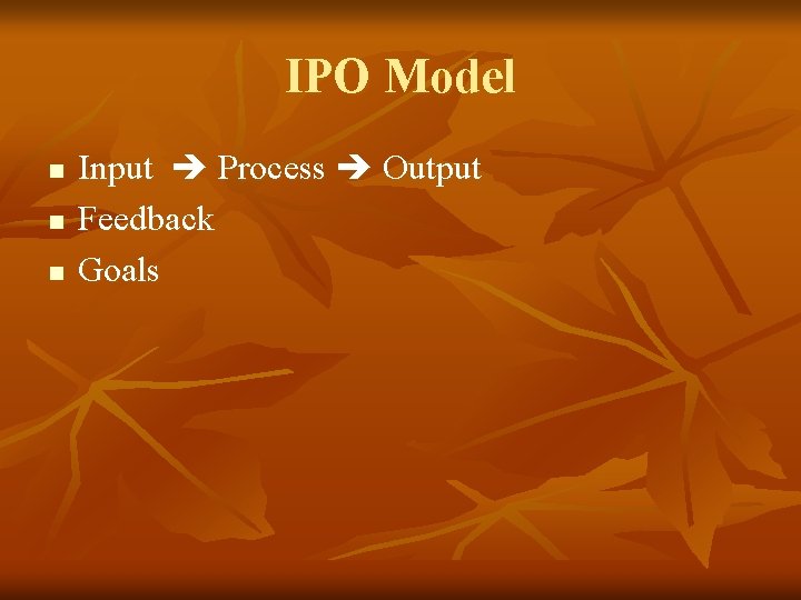 IPO Model n n n Input Process Output Feedback Goals 