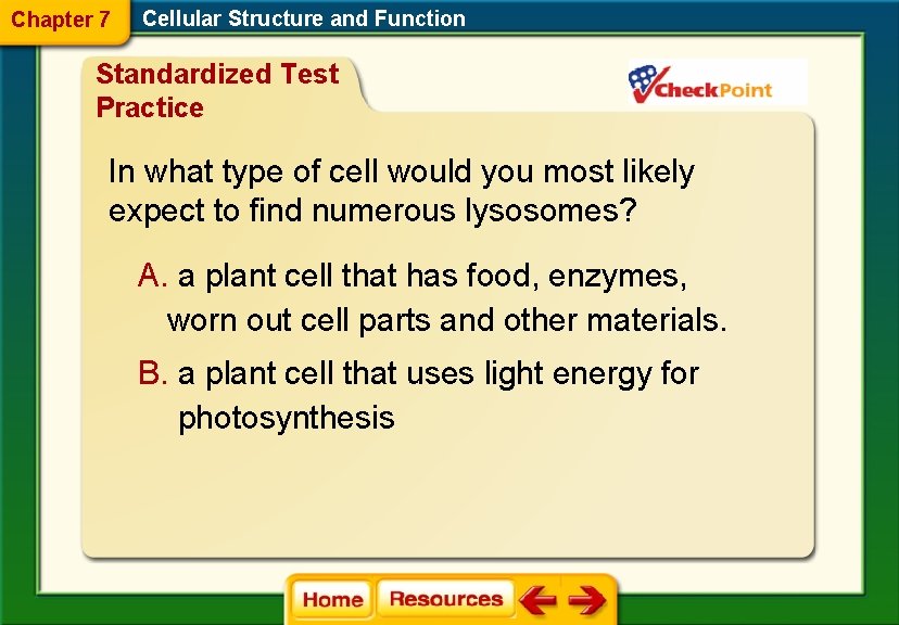 Chapter 7 Cellular Structure and Function Standardized Test Practice In what type of cell