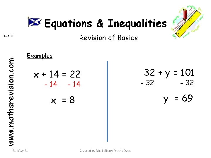 Equations & Inequalities Revision of Basics www. mathsrevision. com Level 3 Examples 21 -May-21