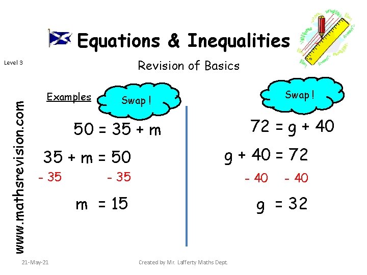 Equations & Inequalities Revision of Basics www. mathsrevision. com Level 3 Examples Swap ! Equations & Inequalities Revision of Basics www. mathsrevision. com Level 3 Examples Swap !