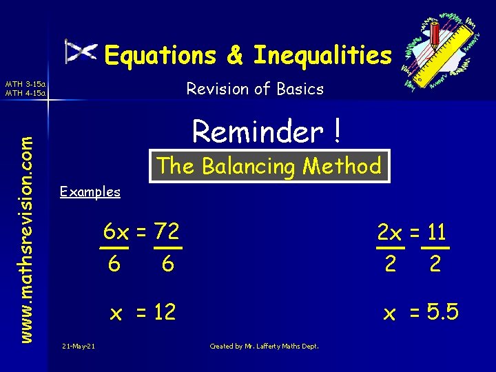 Equations & Inequalities Revision of Basics www. mathsrevision. com MTH 3 -15 a MTH