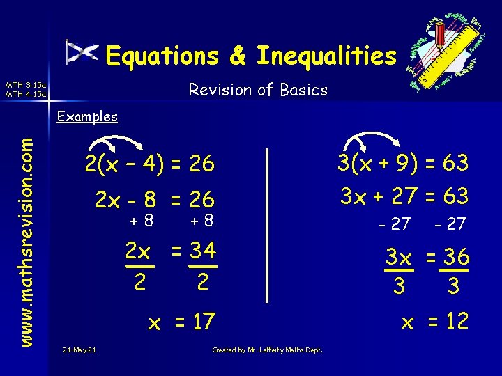 Equations & Inequalities Revision of Basics MTH 3 -15 a MTH 4 -15 a