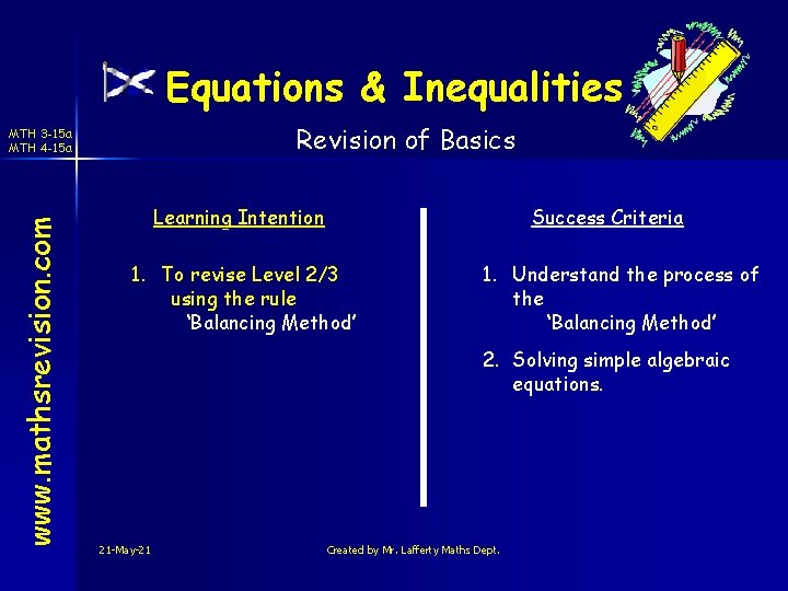 Equations & Inequalities Revision of Basics www. mathsrevision. com MTH 3 -15 a MTH