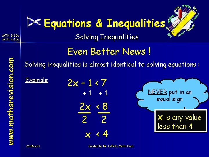 Equations & Inequalities Solving Inequalities MTH 3 -15 a MTH 4 -15 a www.