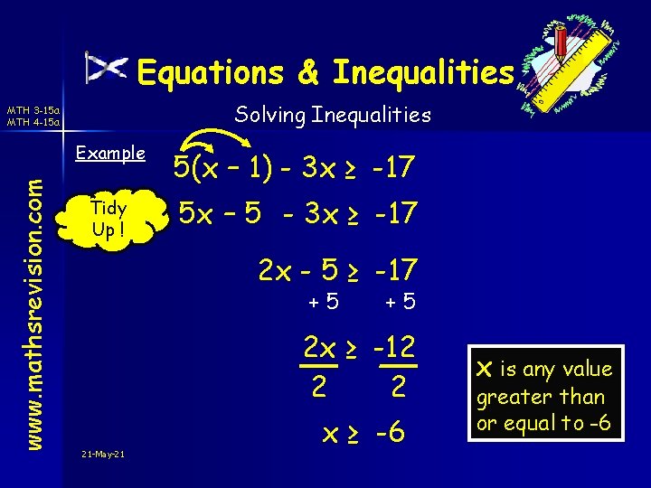 Equations & Inequalities Solving Inequalities www. mathsrevision. com MTH 3 -15 a MTH 4 Equations & Inequalities Solving Inequalities www. mathsrevision. com MTH 3 -15 a MTH 4