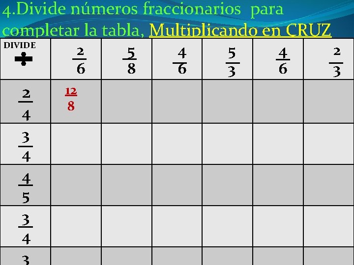 4. Divide números fraccionarios para completar la tabla, Multiplicando en CRUZ DIVIDE 2 4