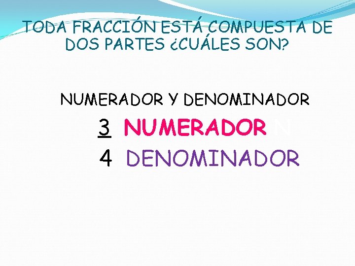 TODA FRACCIÓN ESTÁ COMPUESTA DE DOS PARTES ¿CUÁLES SON? NUMERADOR Y DENOMINADOR 3 NUMERADOR