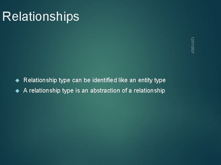 Relationships 12/31/2021 Relationship type can be identified like an entity type A relationship type