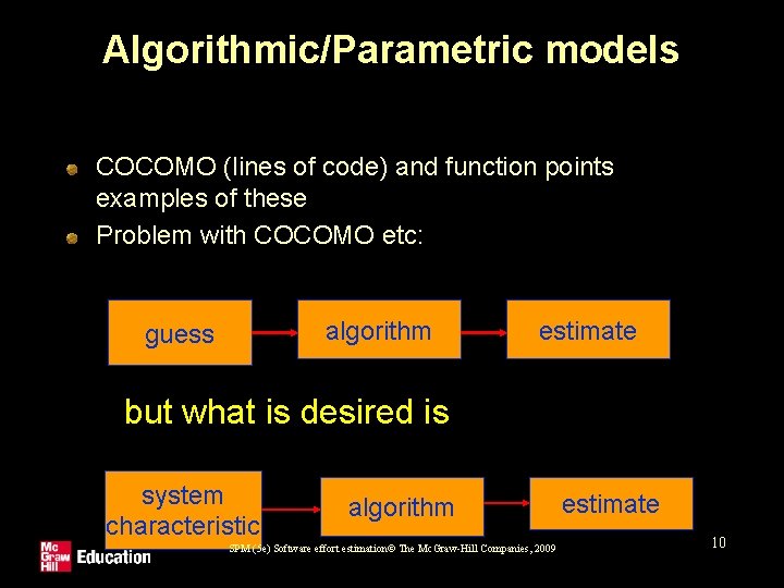 Algorithmic/Parametric models COCOMO (lines of code) and function points examples of these Problem with