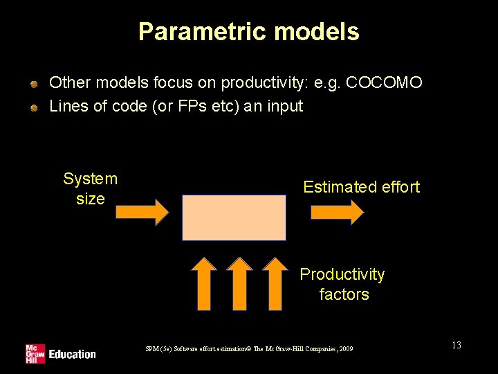 Parametric models Other models focus on productivity: e. g. COCOMO Lines of code (or