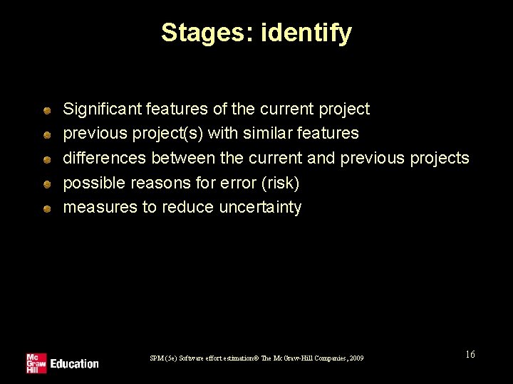 Stages: identify Significant features of the current project previous project(s) with similar features differences