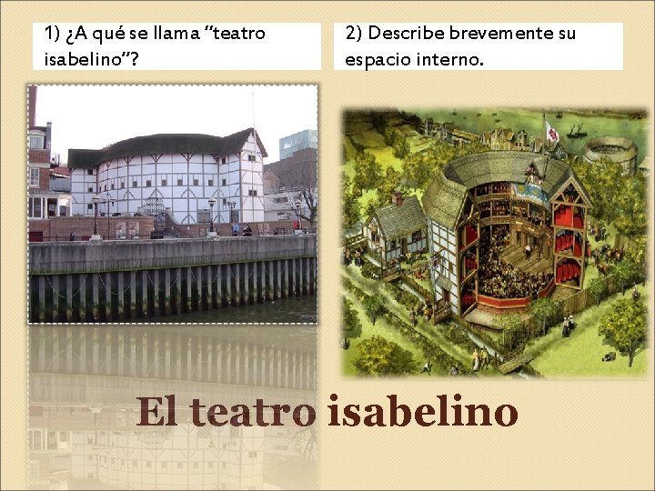 1) ¿A qué se llama “teatro isabelino”? 2) Describe brevemente su espacio interno. El