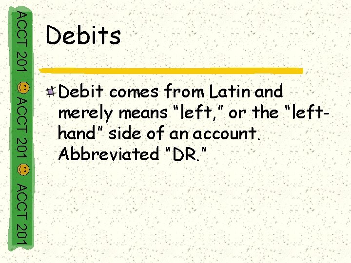 ACCT 201 Debits ACCT 201 Debit comes from Latin and merely means “left, ”