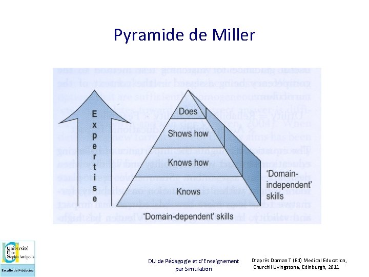 Pyramide de Miller DU de Pédagogie et d’Enseignement par Simulation D’après Dornan T (Ed)