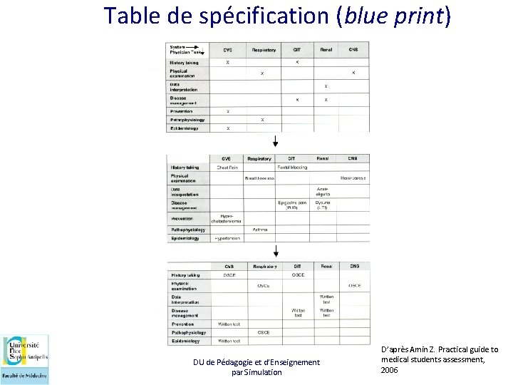 Table de spécification (blue print) DU de Pédagogie et d’Enseignement par Simulation D’après Amin