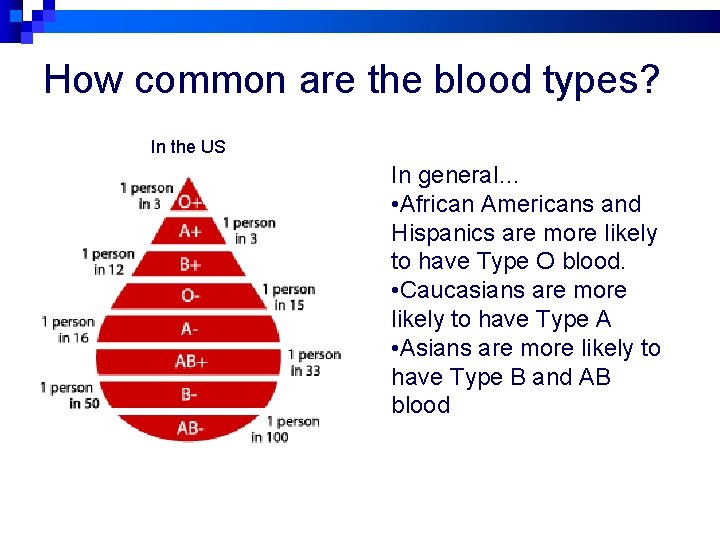 How common are the blood types? In the US In general… • African Americans