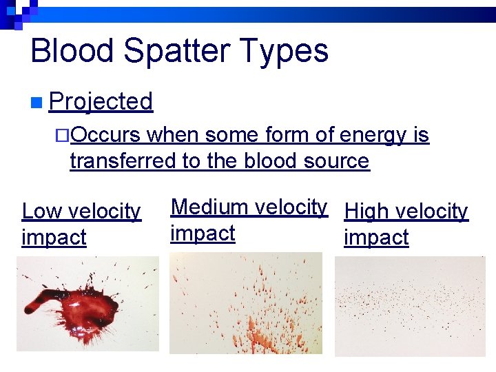 Blood Spatter Types n Projected ¨Occurs when some form of energy is transferred to Blood Spatter Types n Projected ¨Occurs when some form of energy is transferred to