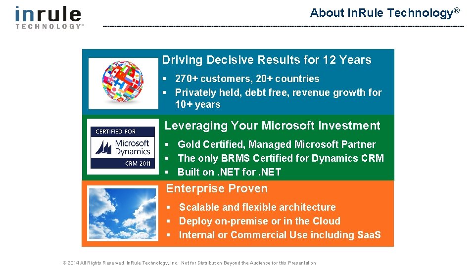 About In. Rule Technology® Driving Decisive Results for 12 Years § 270+ customers, 20+