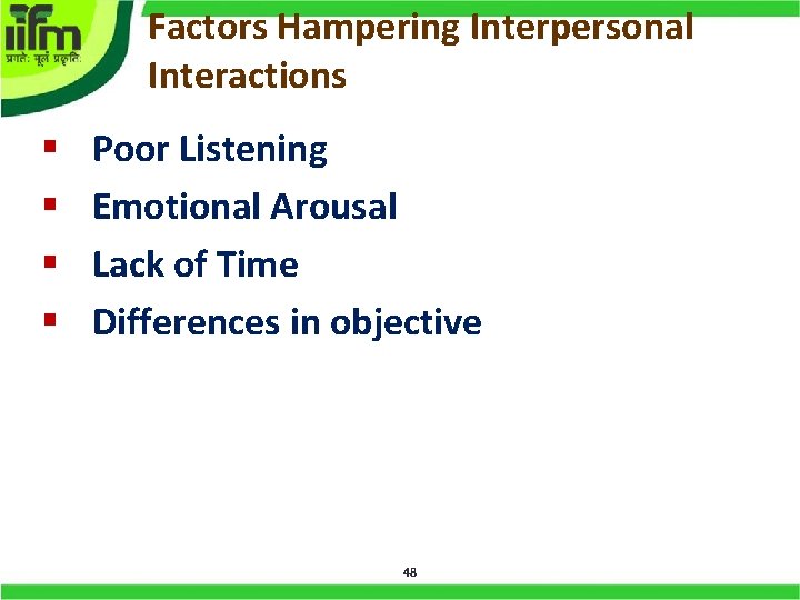 Factors Hampering Interpersonal Interactions § § Poor Listening Emotional Arousal Lack of Time Differences