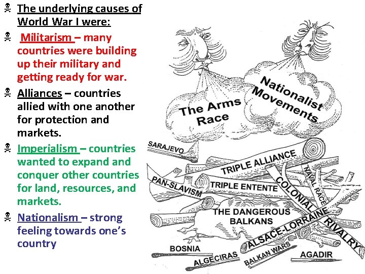 N The underlying causes of World War I were: N Militarism – many countries