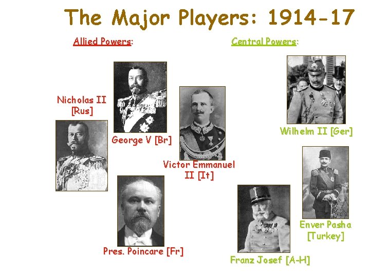 The Major Players: 1914 -17 Allied Powers: Central Powers: Nicholas II [Rus] Wilhelm II