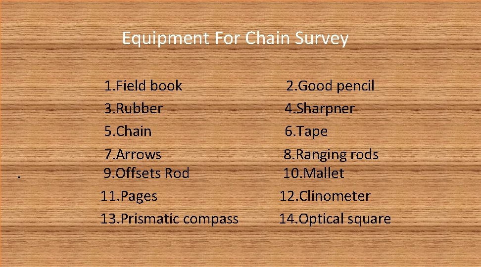 Equipment For Chain Survey . 1. Field book 3. Rubber 5. Chain 7. Arrows