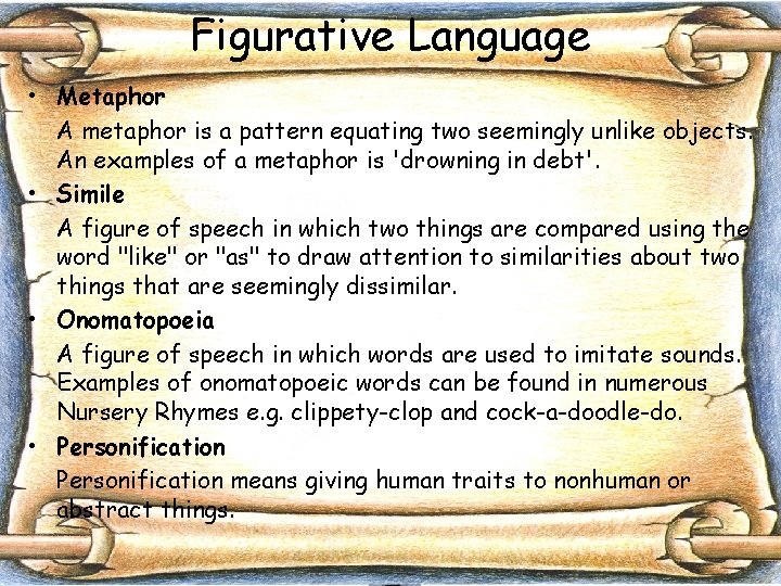 Figurative Language • Metaphor A metaphor is a pattern equating two seemingly unlike objects.