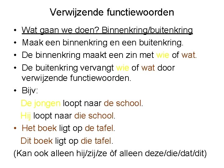 Verwijzende functiewoorden • • Wat gaan we doen? Binnenkring/buitenkring Maak een binnenkring en een