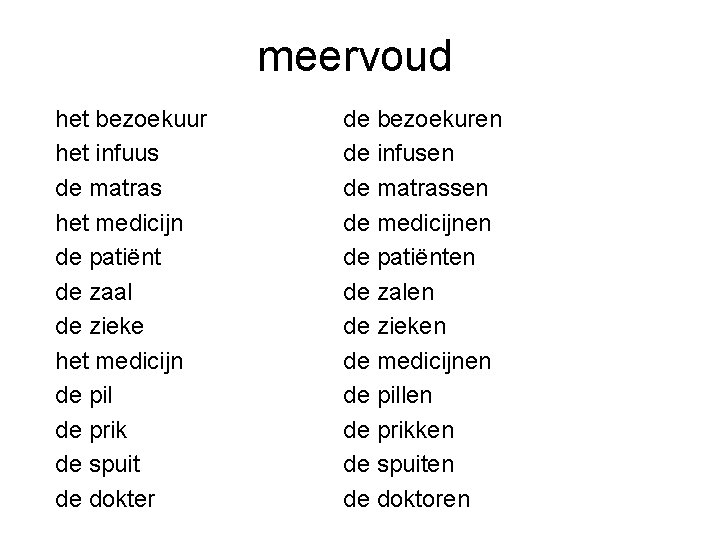 meervoud het bezoekuur het infuus de matras het medicijn de patiënt de zaal de