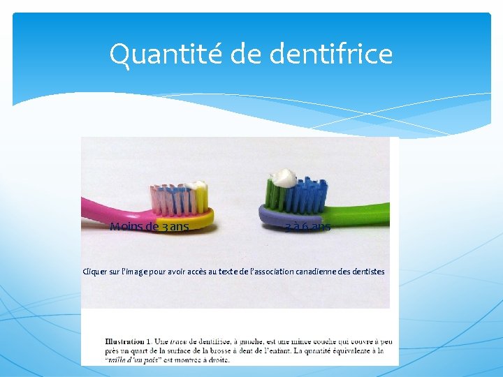 Quantité de dentifrice Moins de 3 ans 3 à 6 ans Cliquer sur l’image