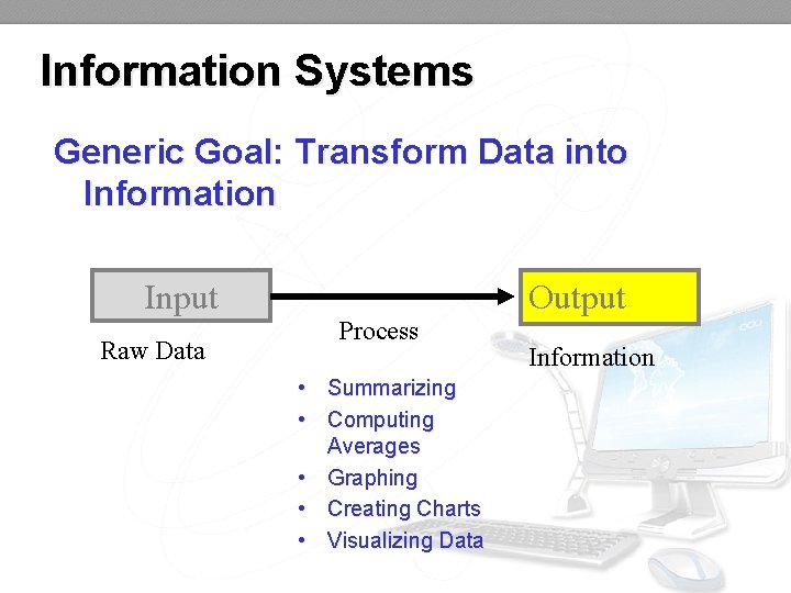 Information Systems Generic Goal: Transform Data into Information Input Raw Data Process • Summarizing