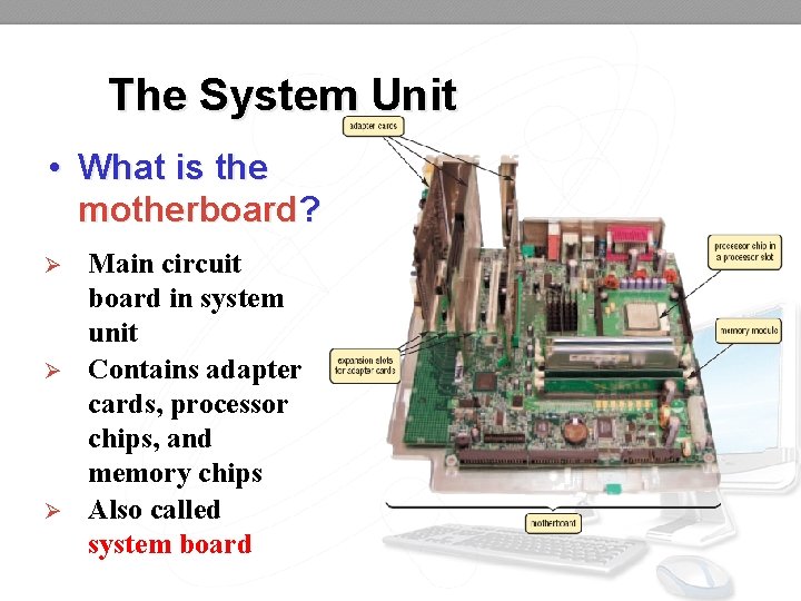 The System Unit • What is the motherboard? Ø Ø Ø Main circuit board