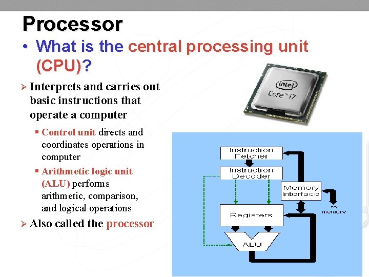 Processor • What is the central processing unit (CPU)? Ø Interprets and carries out