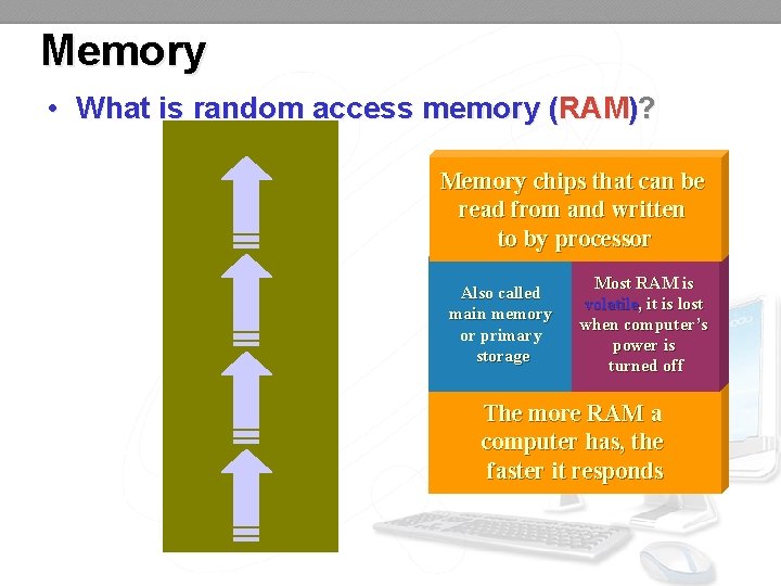 Memory • What is random access memory (RAM)? Memory chips that can be read