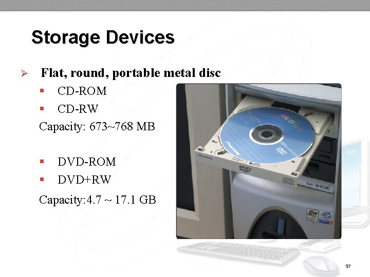 Storage Devices Ø Flat, round, portable metal disc § CD-ROM § CD-RW Capacity: 673~768