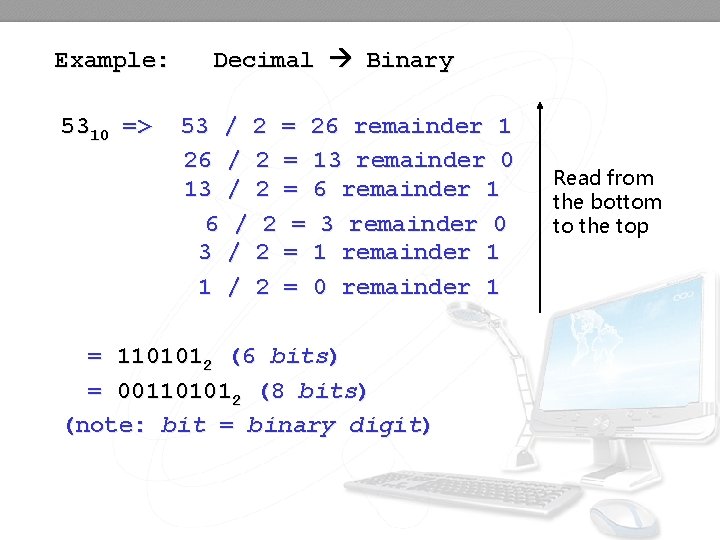 Example: 5310 => Decimal Binary 53 / 2 = 26 remainder 1 26 /