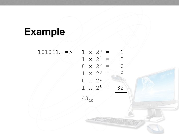 Example 1010112 => 1 1 0 1 x x x 4310 20 21 22