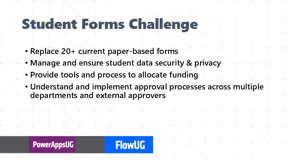 Student Forms Challenge • Replace 20+ current paper-based forms • Manage and ensure student