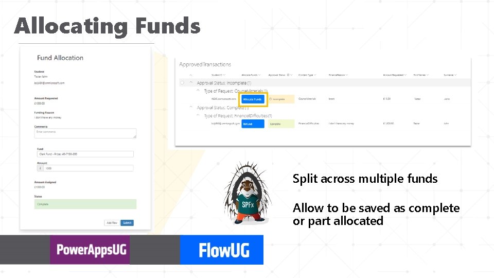 Allocating Funds Split across multiple funds Allow to be saved as complete or part