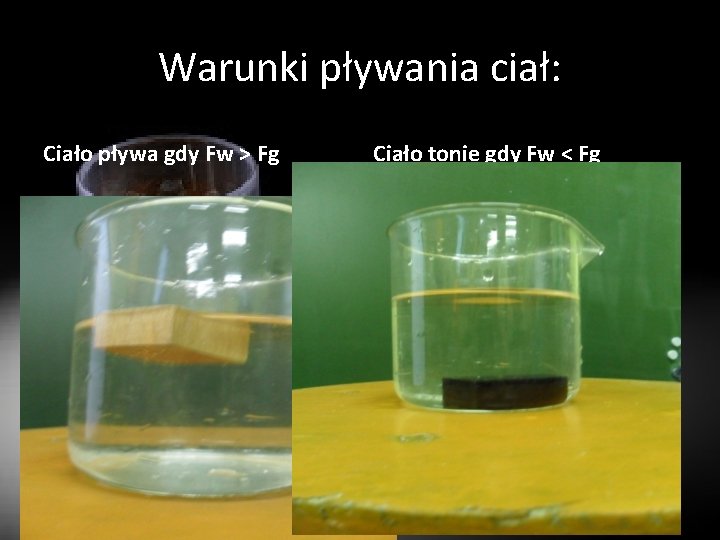 Warunki pływania ciał: Ciało pływa gdy Fw > Fg Ciało tonie gdy Fw <