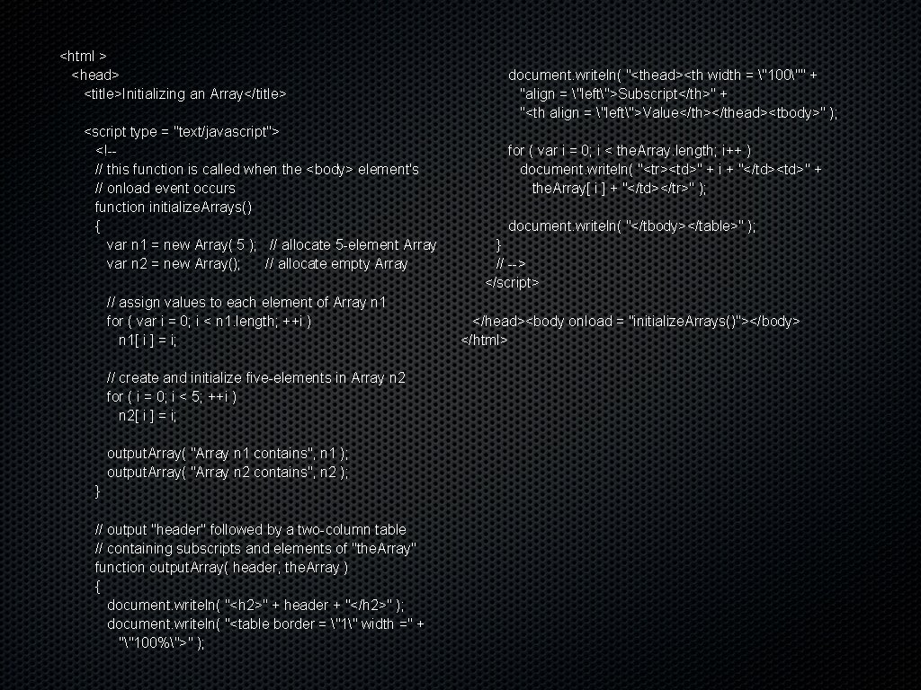 <html > <head> <title>Initializing an Array</title> <script type = "text/javascript"> <!-// this function is