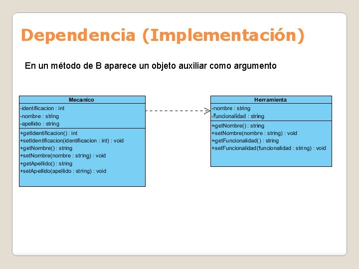 Dependencia (Implementación) En un método de B aparece un objeto auxiliar como argumento 